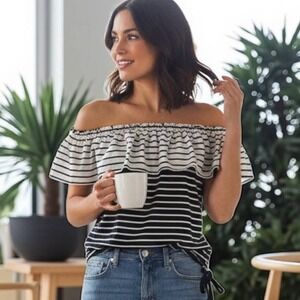 White House Black Market Blouse Womens M Silk Black White Striped‎ Off Shoulder